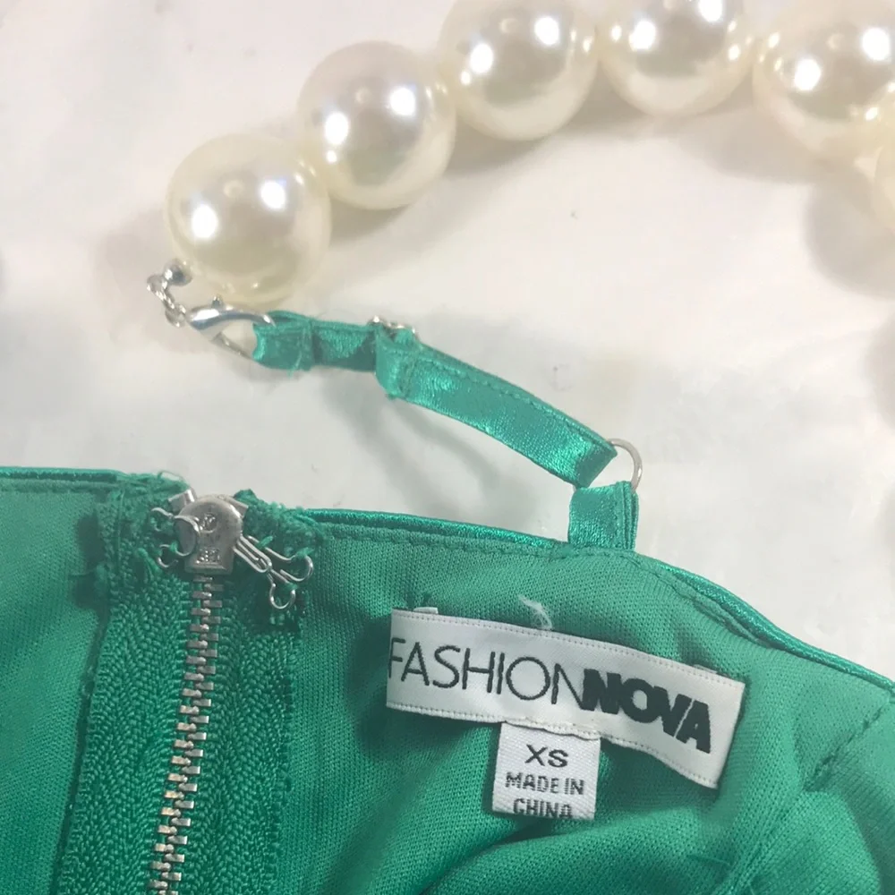 Woman’s Emerald Green Satin Zipper Bustier with Removable Pearl Straps